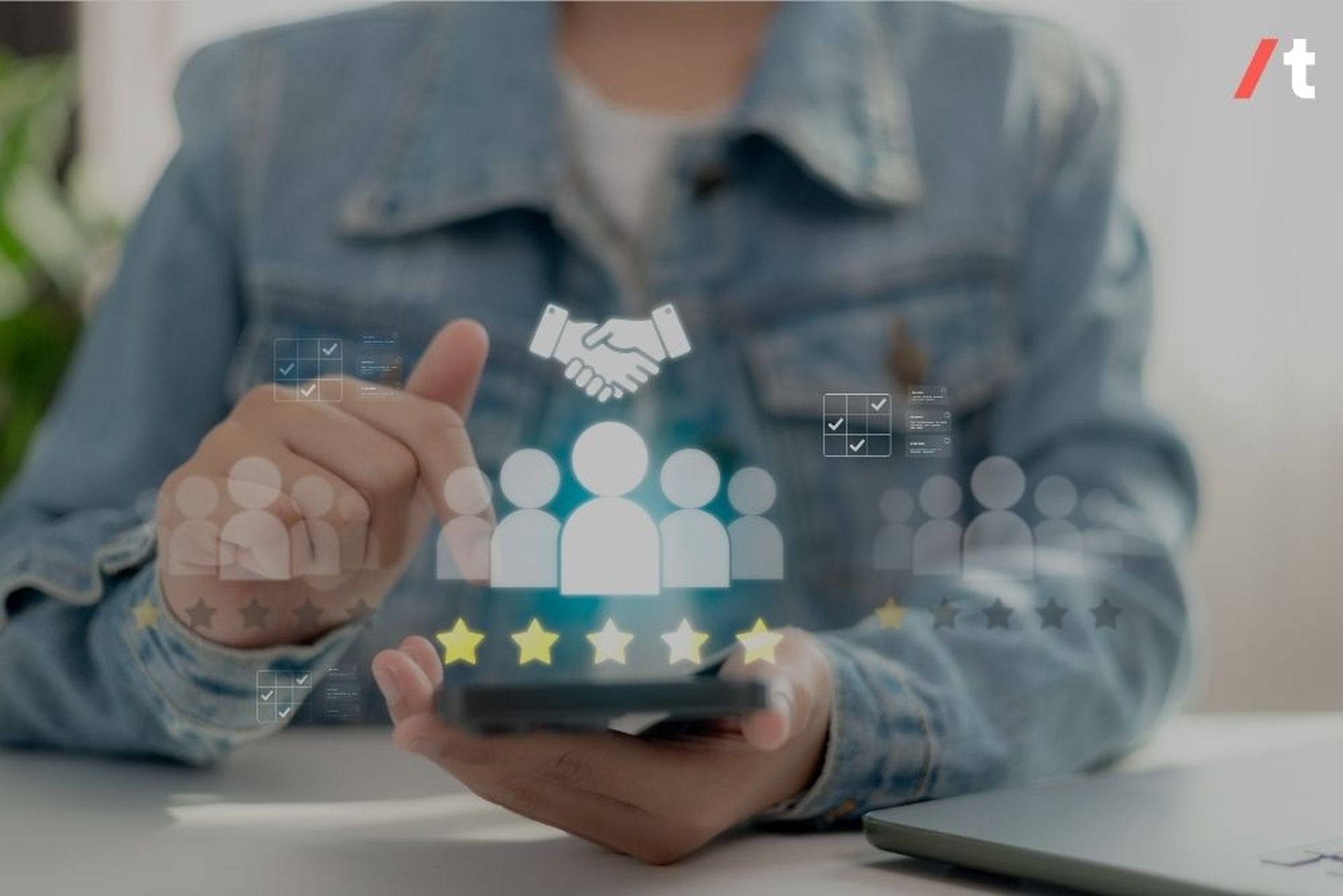 Person using a smartphone with digital icons of people, handshake, and stars, representing ratings and connections, overlaid on the image.