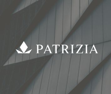 Logo of "PATRIZIA" with an abstract geometric background of diagonal panels.