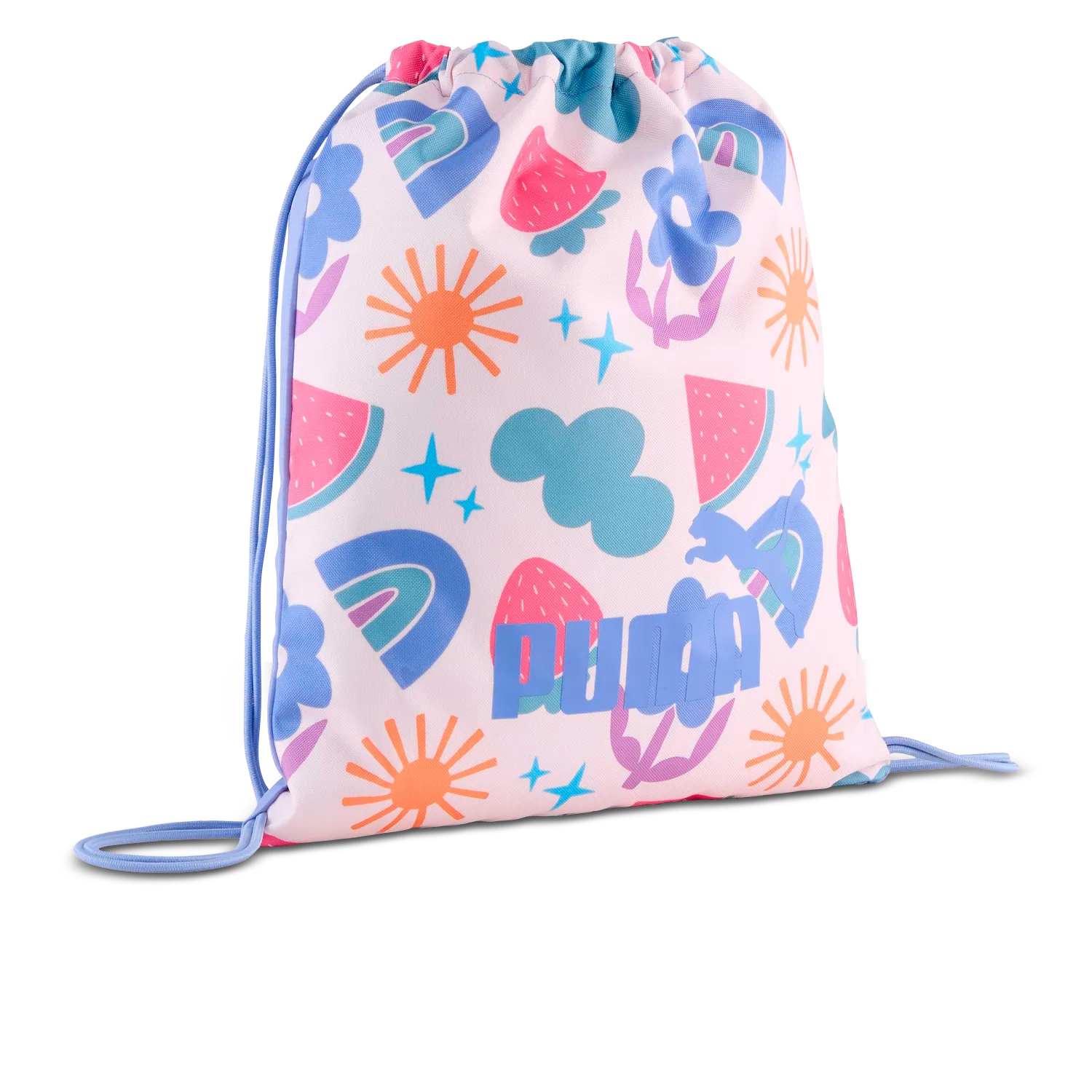 Colorful drawstring bag with playful designs including suns, clouds, strawberries, and rainbows. The brand name is prominently displayed.