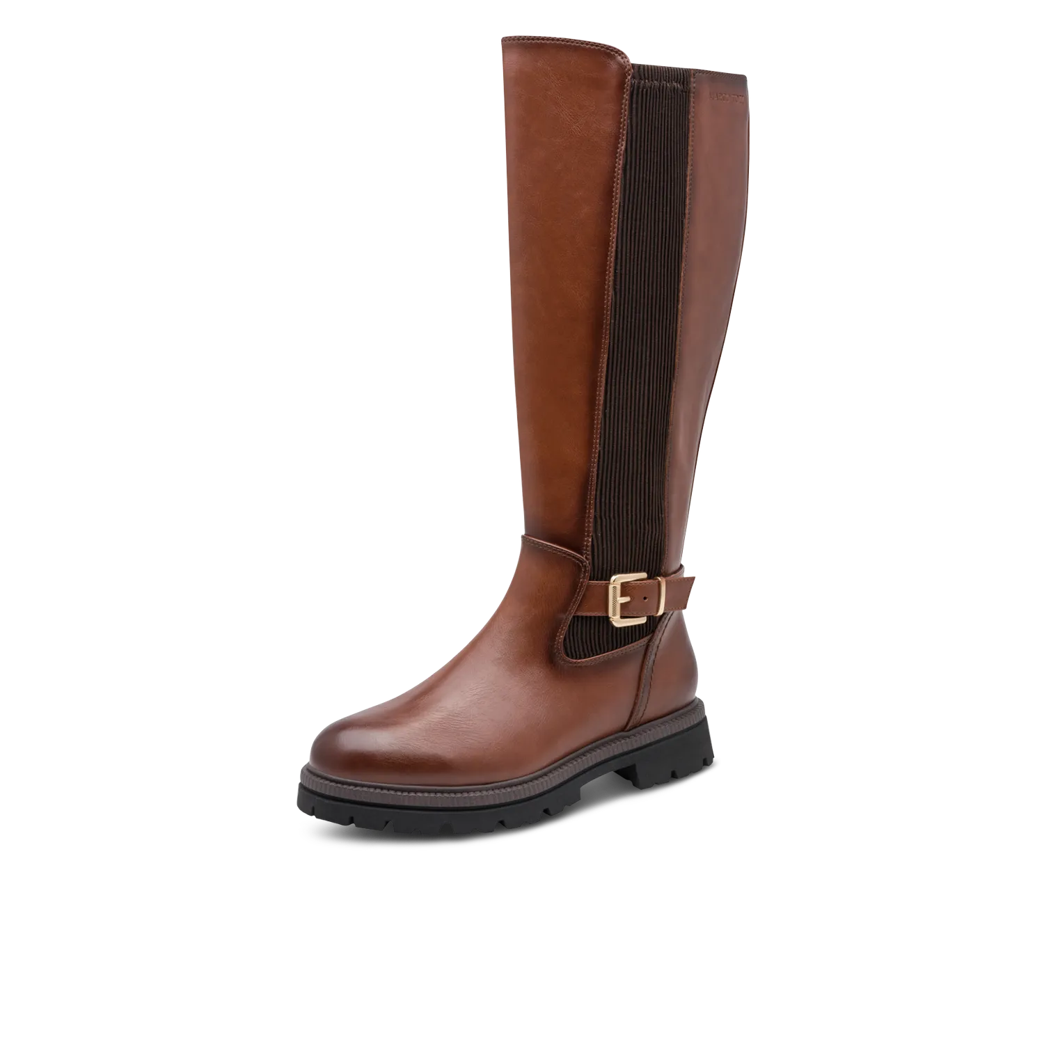 Brauner Lederstiefel mit goldenem Schnallenverschluss, geripptem Textilschaft und schwarzer Profilsohle