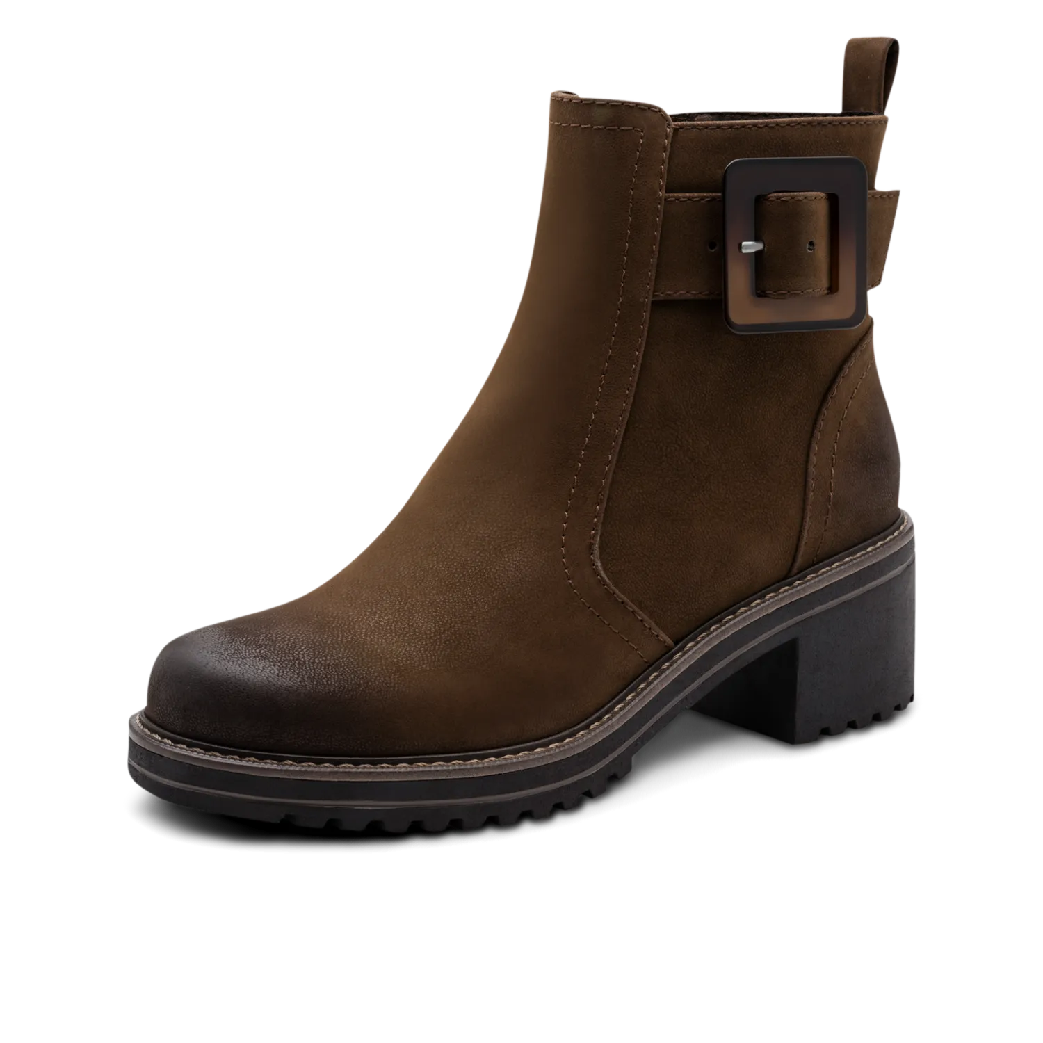 Brauner Wildlederstiefelette mit Schnallenbügel, abgesetzter Schaftkante und schwarzer chunky Sohle