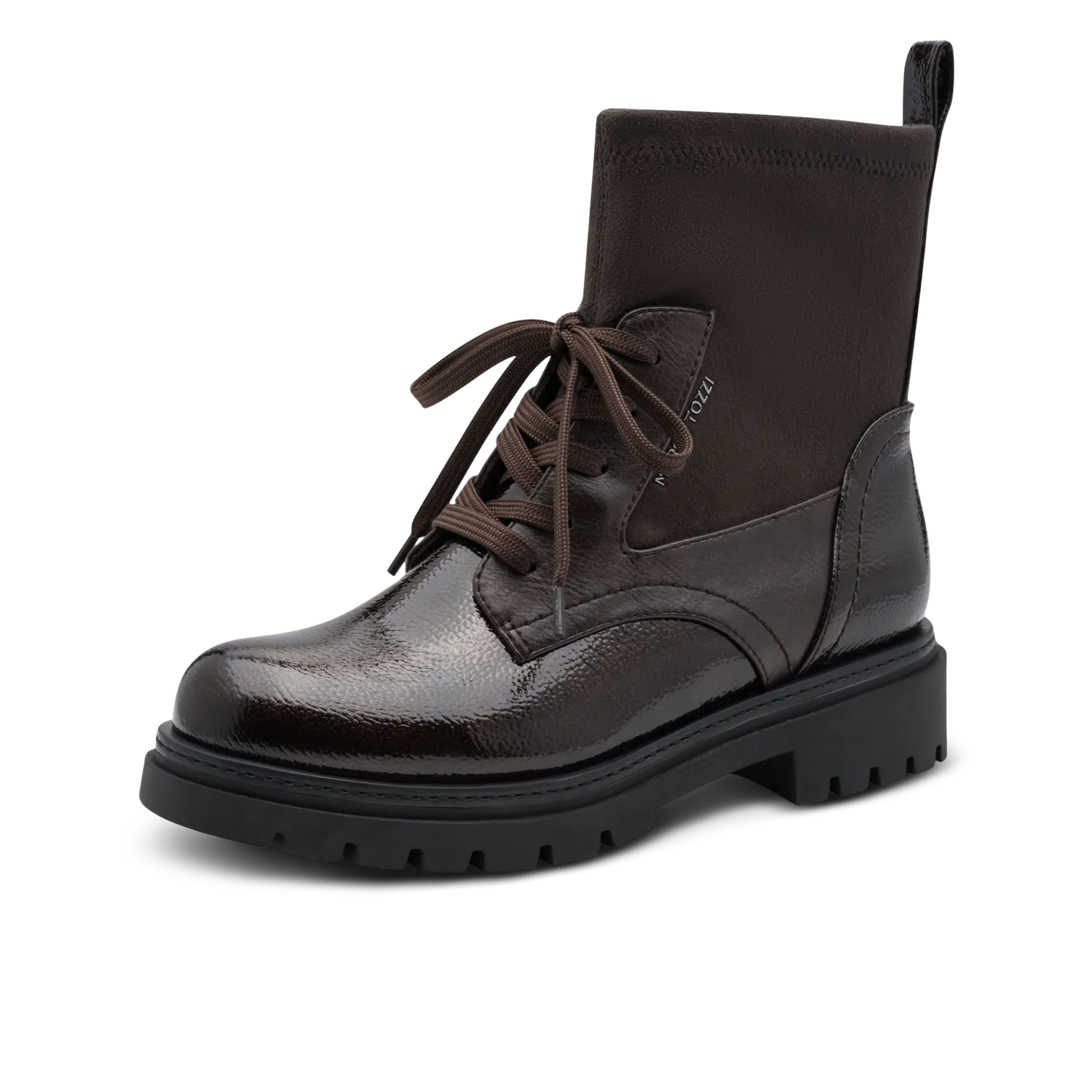 Schwarzer Lace-Up Boot mit braunem Textil-Schafteinsatz, glänzender schwarzer Vorderkappe und schwarzer Laufsohlenprofil