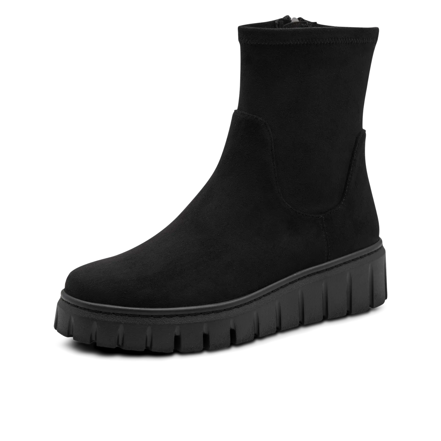Schwarzer Chelsea Boot mit hochgeschnittener Schaftform und massiver schwarzer Laufsohlenprofil