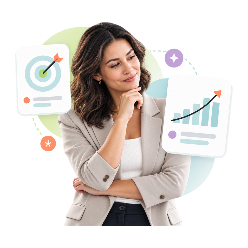 Woman in a blazer thinking, surrounded by digital charts of a target with an arrow and an upward graph, suggesting strategy and growth.