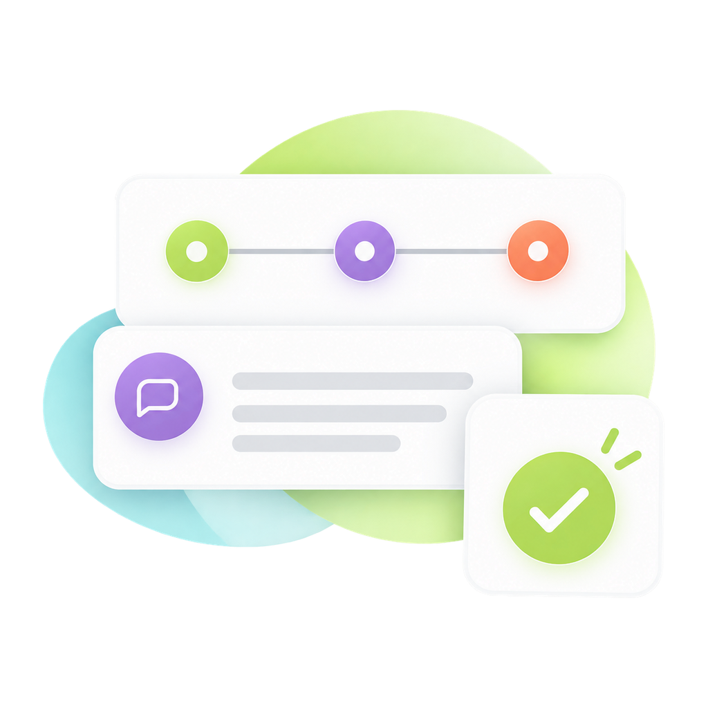 Illustration of a timeline with three colored circles, a chat bubble icon, and a green checkmark symbol, overlaid on abstract colored shapes.