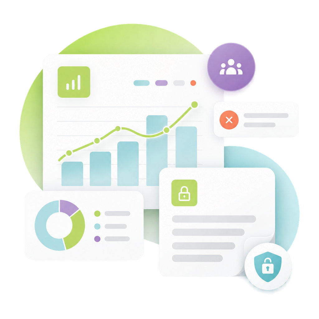 Dashboard with charts, graphs, security icons, and user symbol, representing data analysis and privacy.