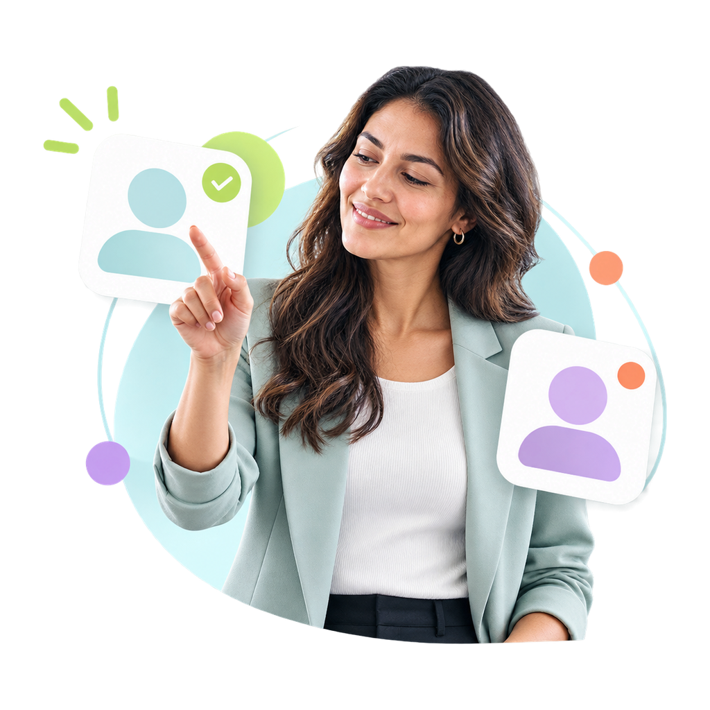 Smiling woman in a green blazer, touching virtual icons of user profiles, one with a checkmark.