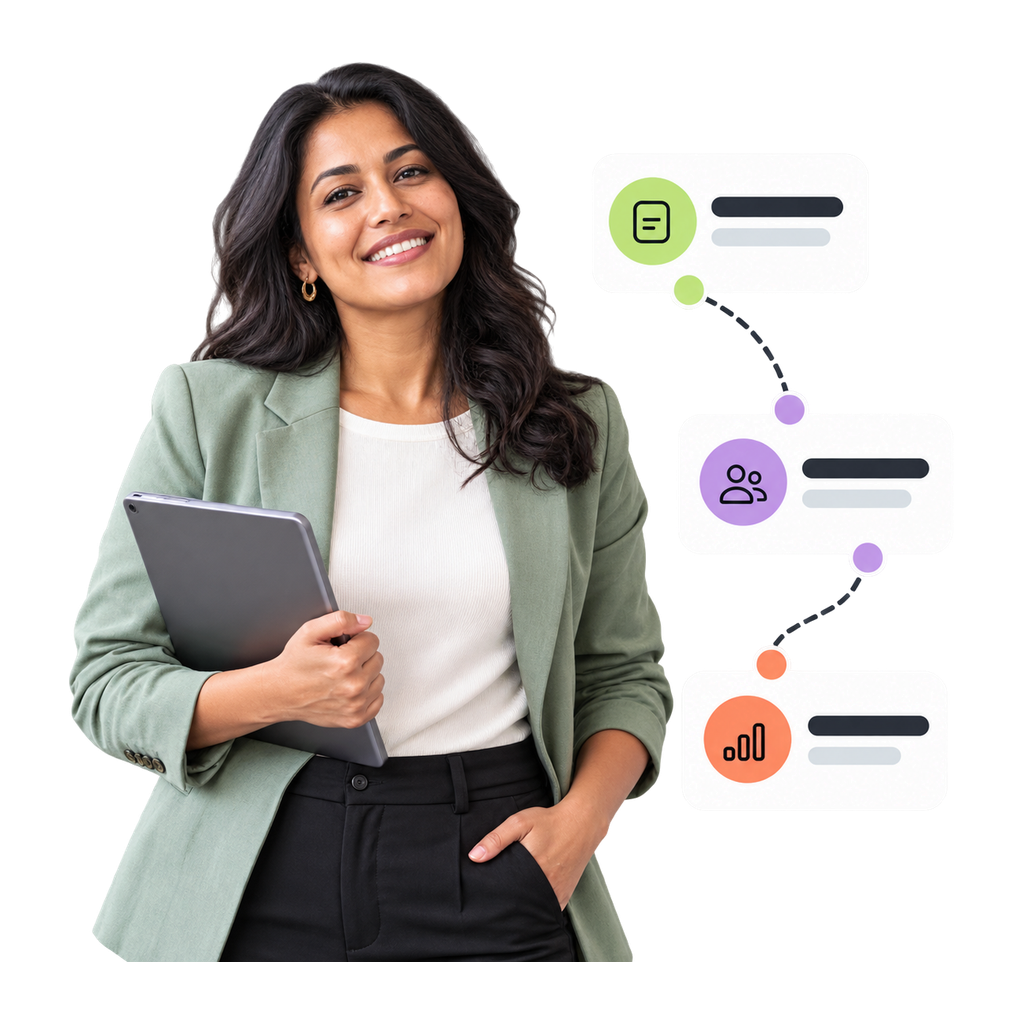 A smiling woman in a green blazer holds a tablet, with icons and text bubbles related to productivity floating beside her.