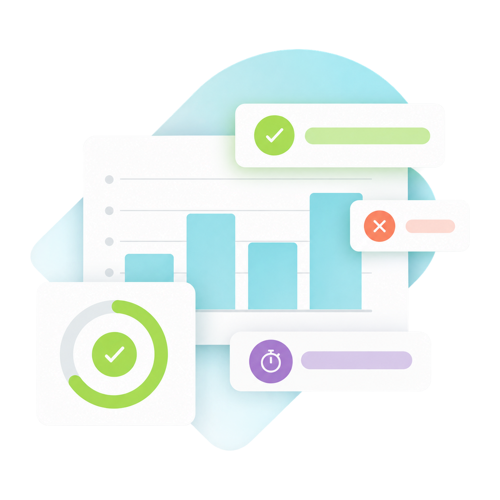 A chart with three turquoise bars, a circular progress indicator with a green check mark, and various colorful icons and progress bars.