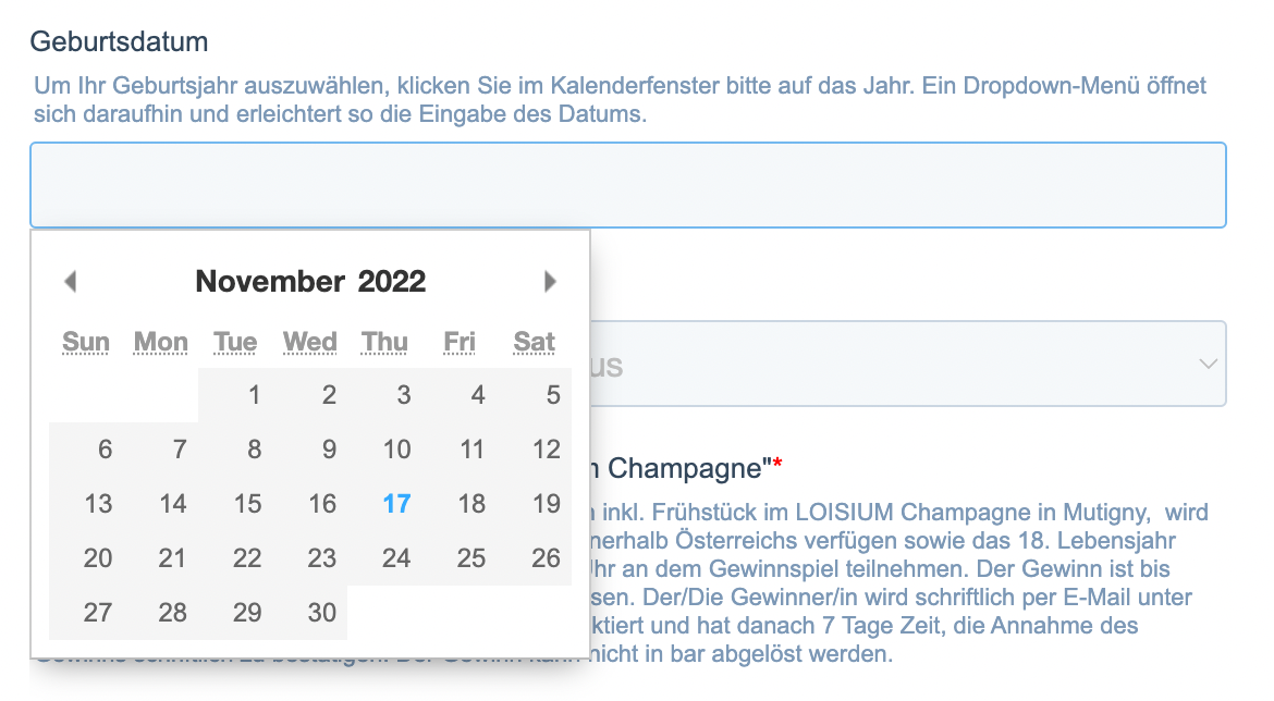 Screenshot Microcopy: Geburtsdatum auswählen