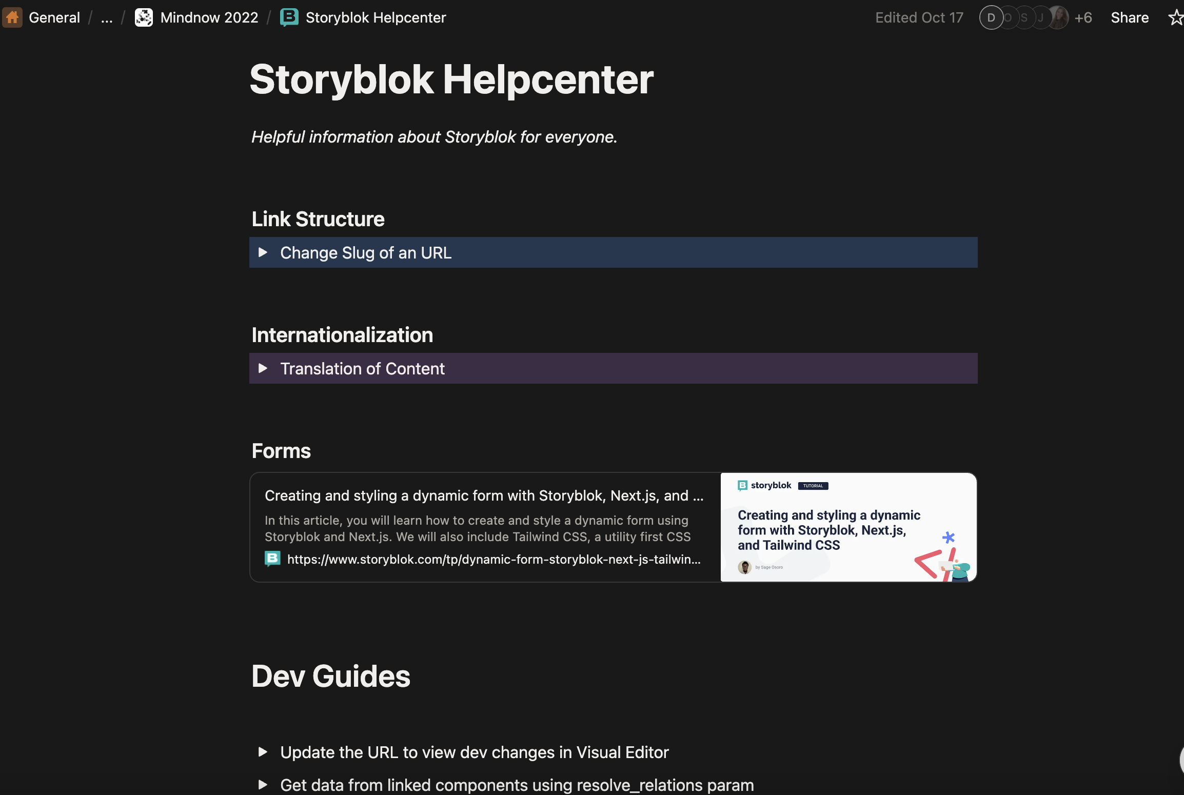 Dark-themed Storyblok Helpcenter page showing headings Link Structure, Internationalization, Forms and Dev Guides.