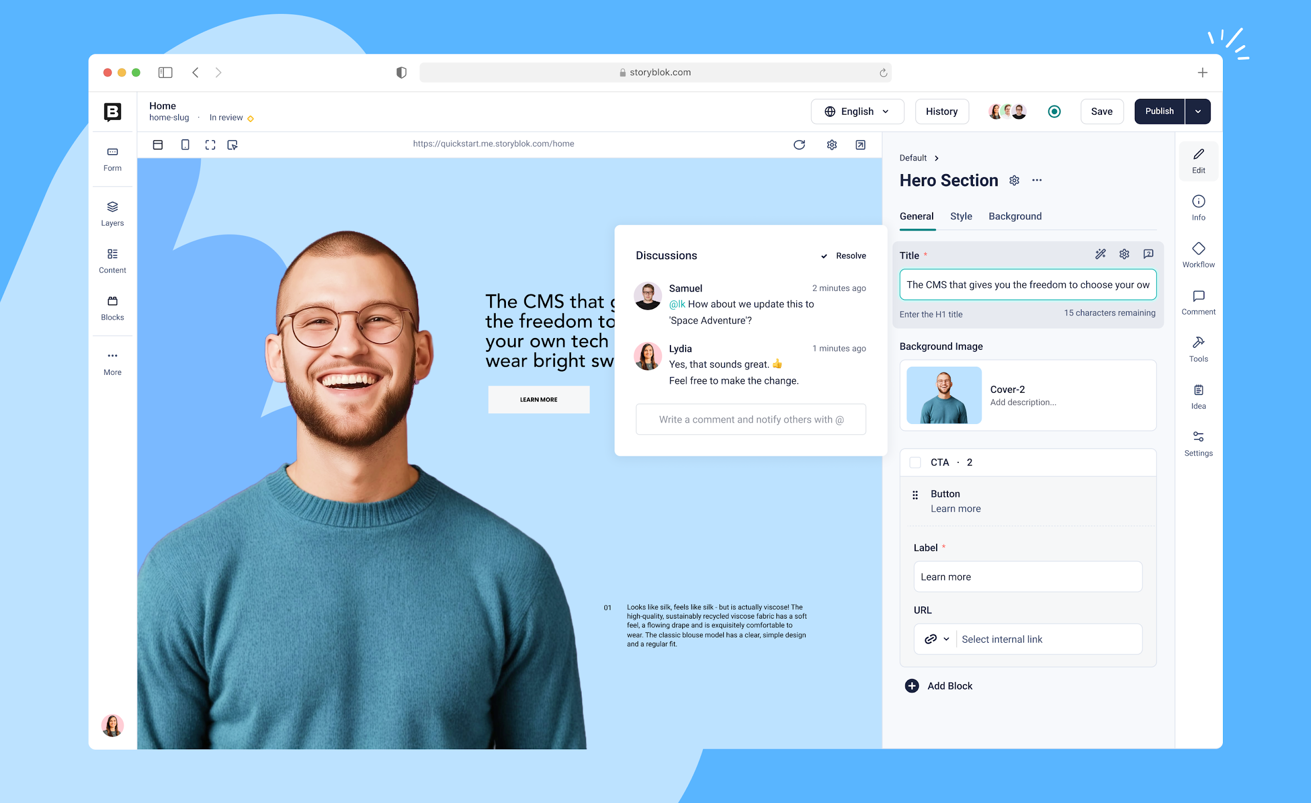 Storyblok Visual Editor showing real-time content editing of a headless CMS frontend