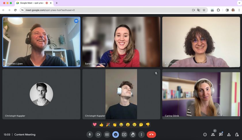 Johannes, Sanela, Kaja, Christoph, and Carina having a video call in Google Meet