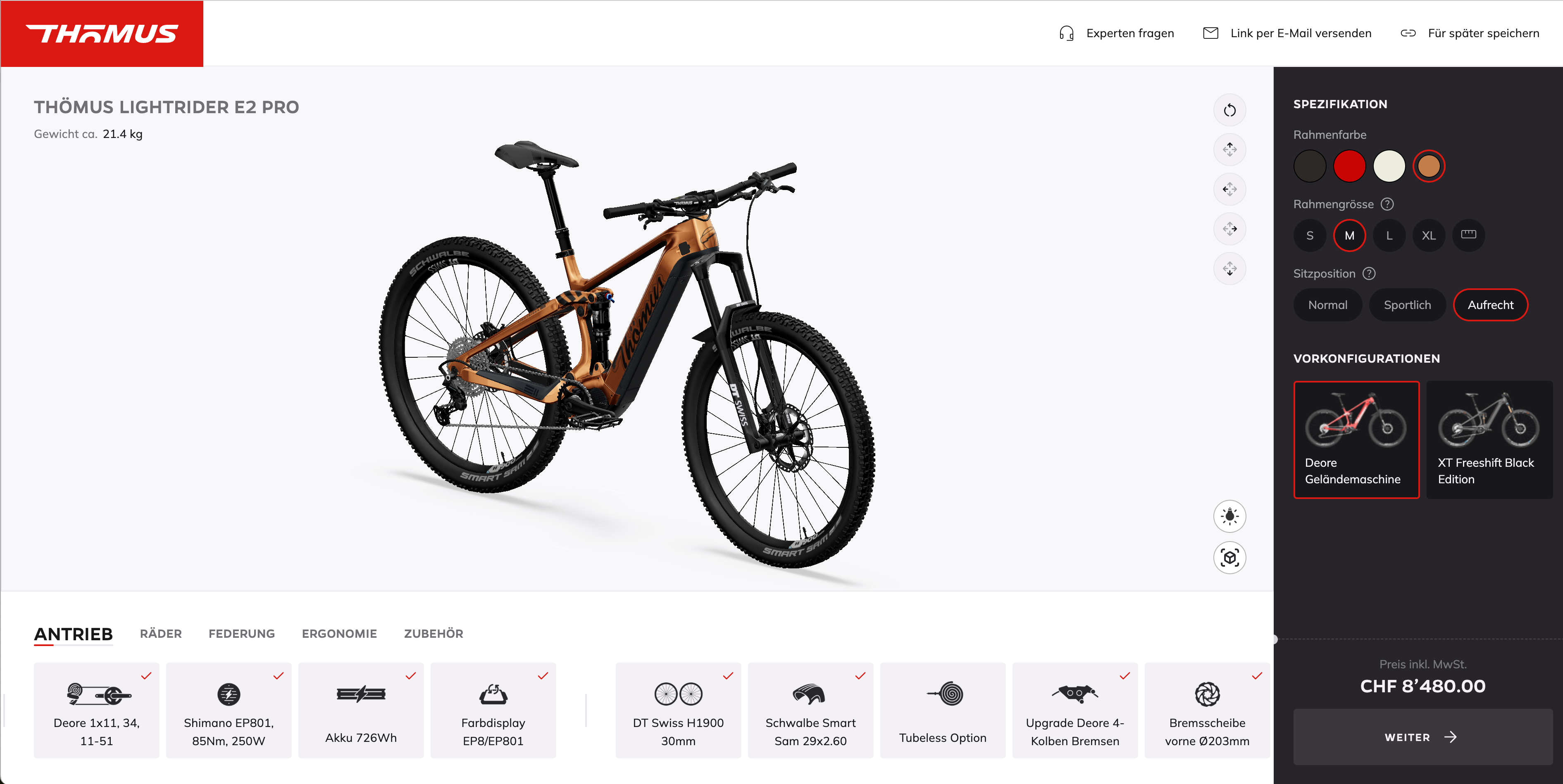 Screenshot of the interface of the Thömus 3D-configurator