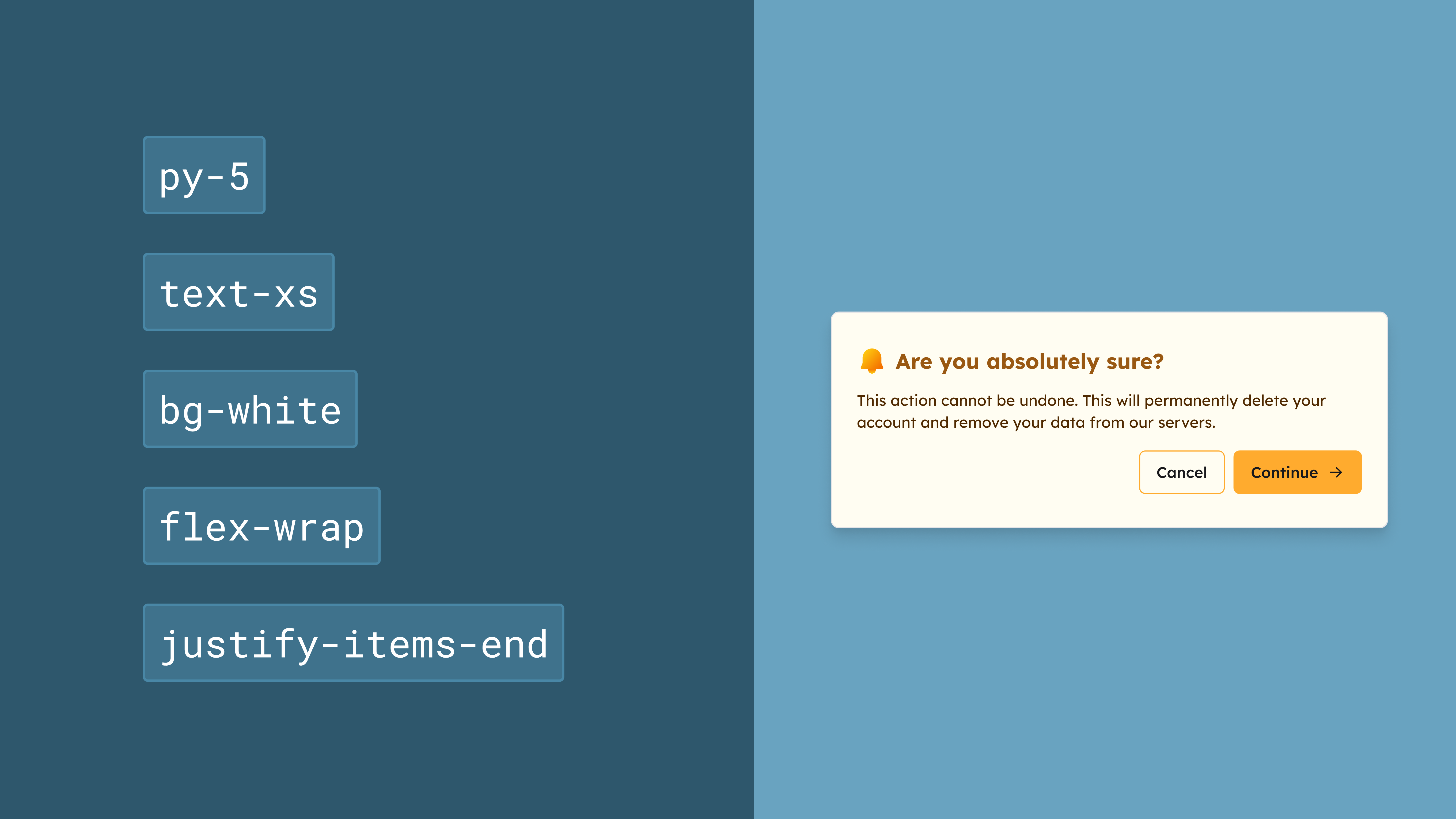 Showcase of the Boneless UI approach: the left side lists Tailwind utility classes like py-5 and justify-items-end, while the right side shows the resulting styled pop-up, featuring warm colors, an alert icon, and action buttons.