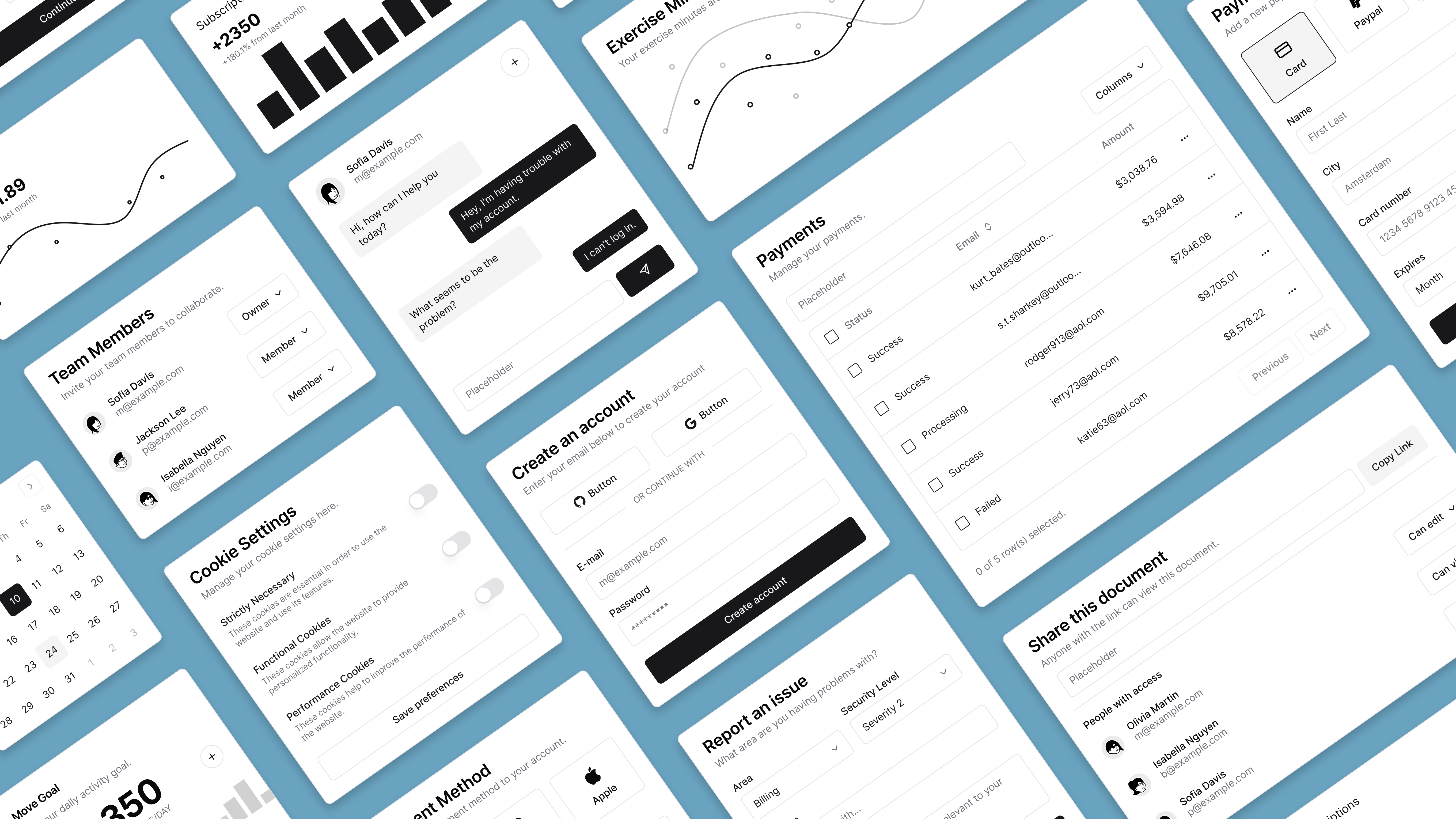 UI component showcase with various fully functional interface elements like graphs, tables, chat boxes, forms, and toggles, arranged diagonally on a blue background, all rendered in a clean, minimal style.