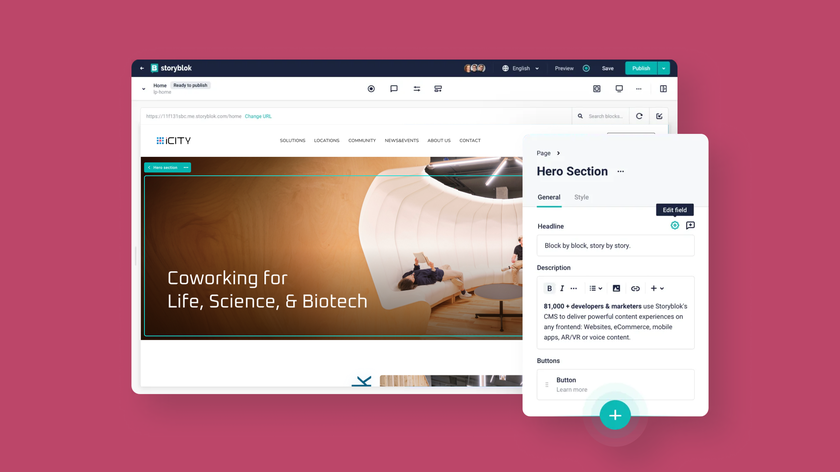 Screenshot showcasing the UI redesign of the iCITY website, demonstrating the ease of direct content editing using the Storyblok editor. The image highlights the hero section of the iCITY homepage, where users can modify the headline, description, and buttons in real time. The Storyblok interface is displayed on the right, illustrating how the client can update text and design elements seamlessly.