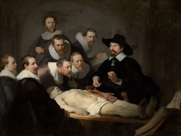 17th-century painting of a group observing an anatomy lesson