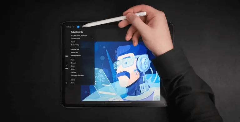 Hand adjusting settings on a tablet with a stylus over a digital illustration