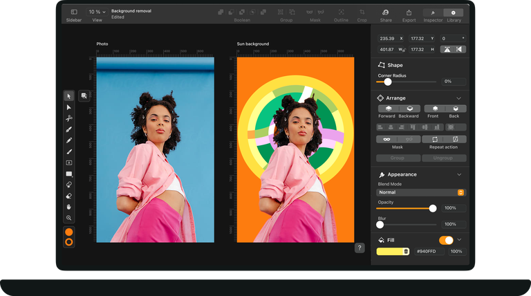  A split-screen showing two versions of the same layout — one with no applied principles (poor contrast, uneven spacing, mismatched type), one with the fundamentals applied (clear hierarchy, consistent spacing, readable type)