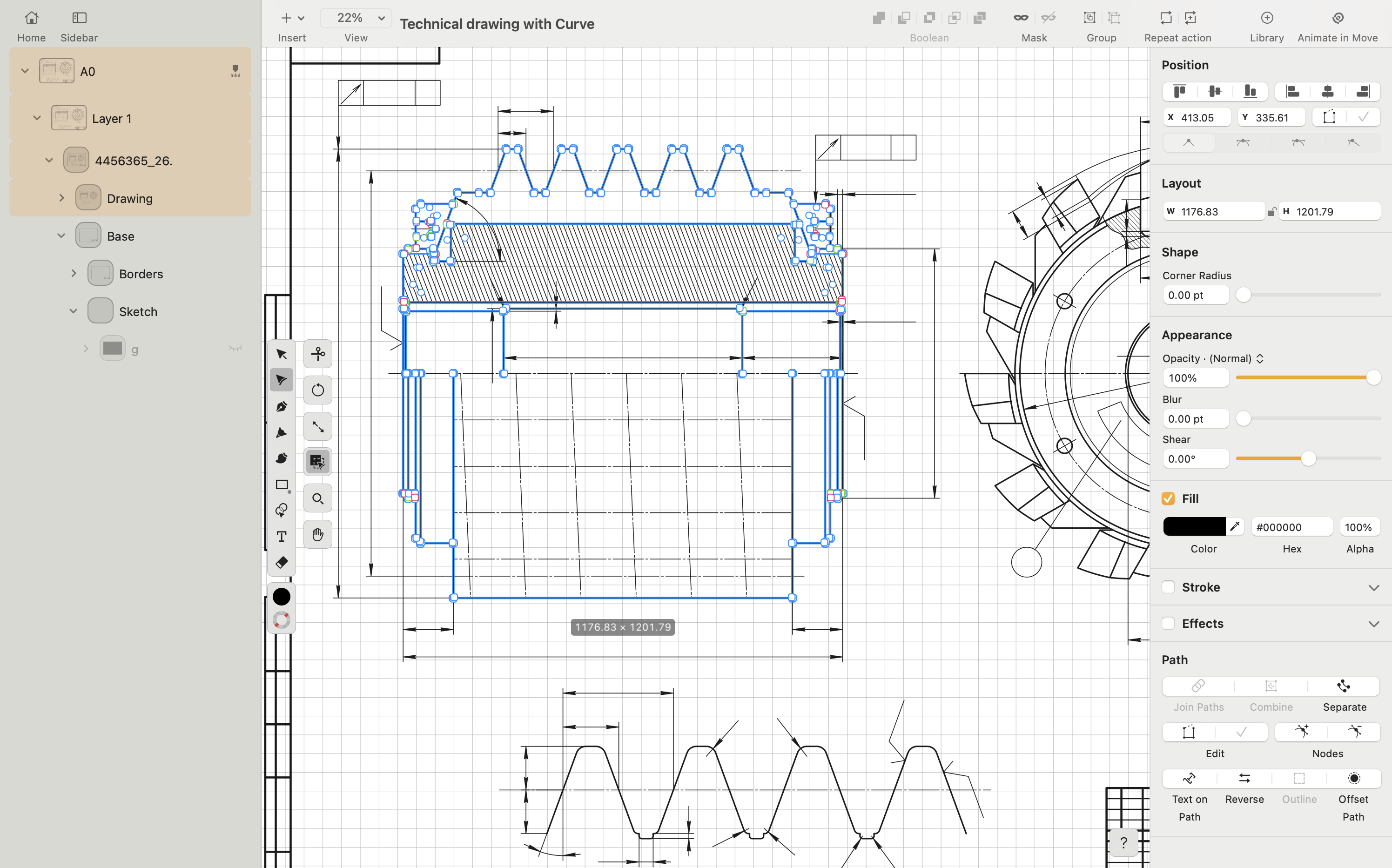 technical drawing example in linearity curve with layers