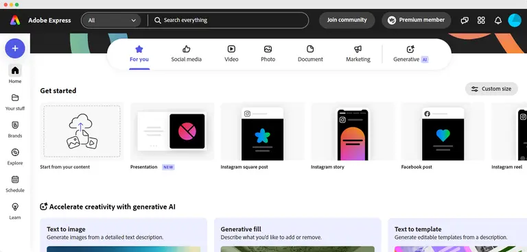 Screenshot of Adobe Express user interface showing template library and editing tools.