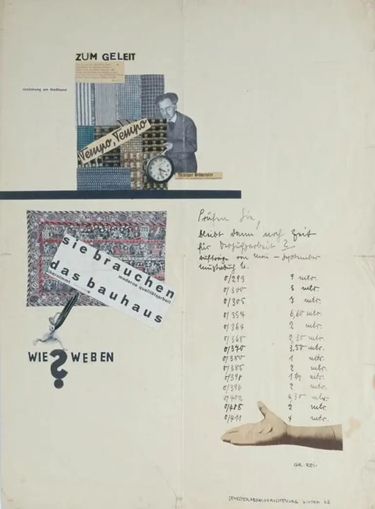 Vintage Bauhaus collage with text, images, and handwritten notes.