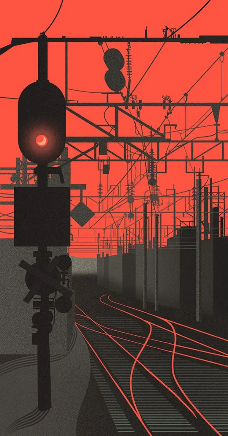 Stylized red and black illustration of railway tracks with signal lights and overhead wires