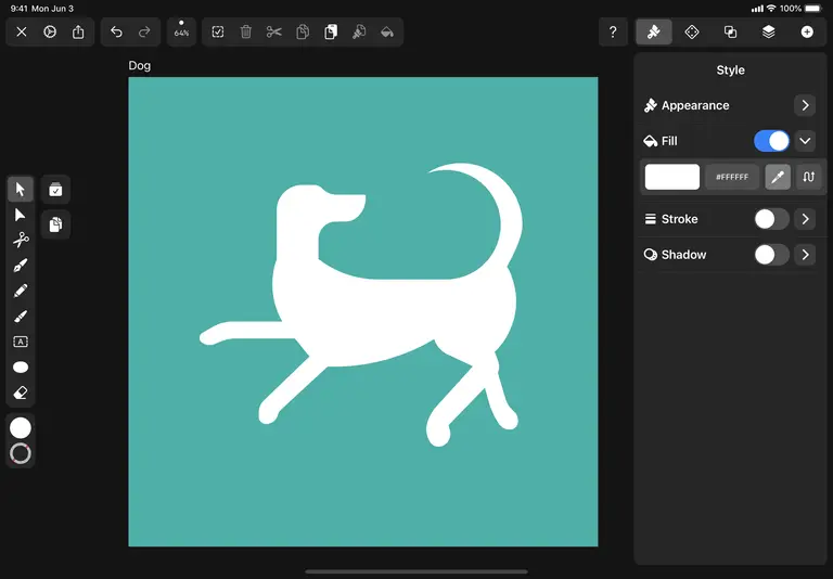 A drawing of a basic dog shape inside the Vectornator app