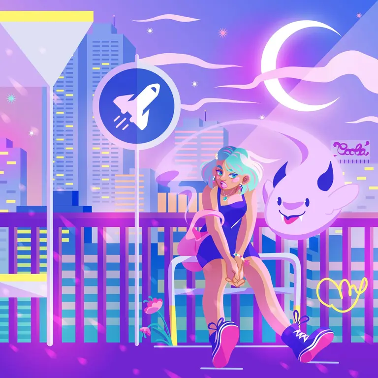 vectornator purple illustration girl witch in the city with stary sky 