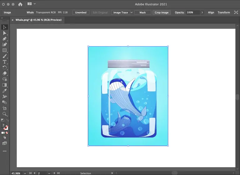 Design UI showing an artwork of a whale in a jar