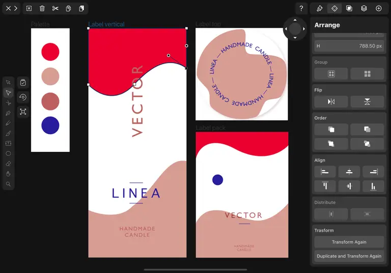Graphic design interface showing candle label designs.