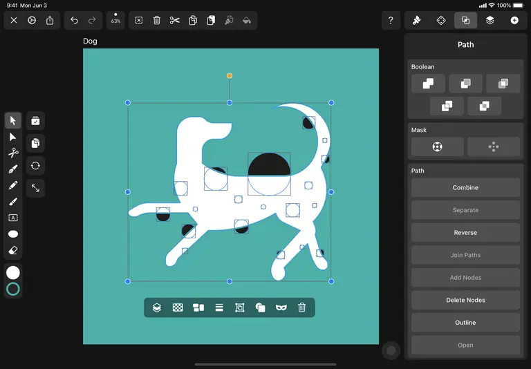A screenshot of creating a clipping mask for a Dalmatian dog illustration in Vectornator