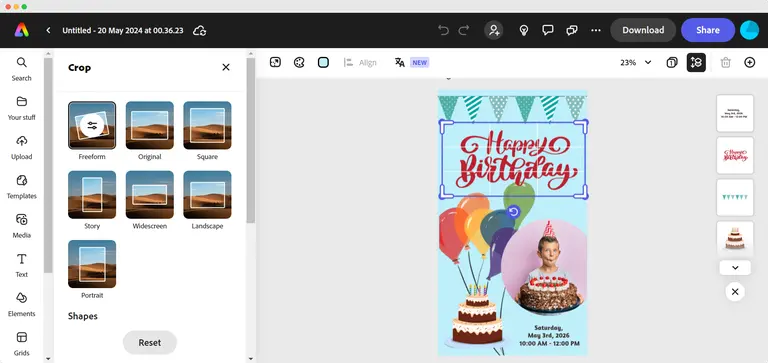 Screenshot of Adobe Express user interface showing template library and editing tools.