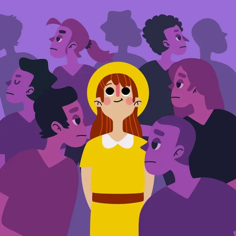 An illustration of a woman dressed in yellow in a crowded room of people dressed in purple