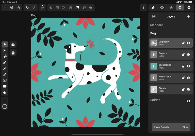 Screenshot of dog illustration and decorative background in Vectornator 