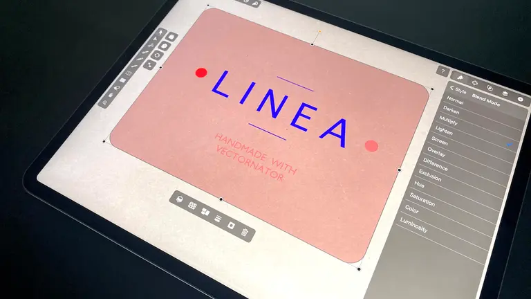Tablet showing a graphic design project with the text LINEA.