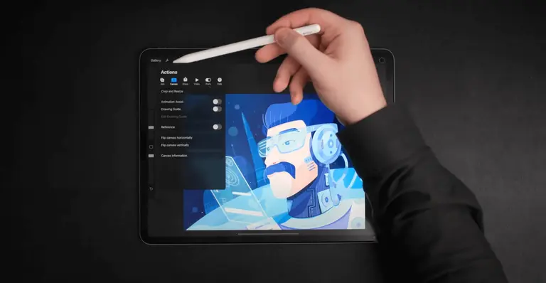 Hand holding an Apple Pencil over a tablet displaying a blue-toned illustration of a character with headphones