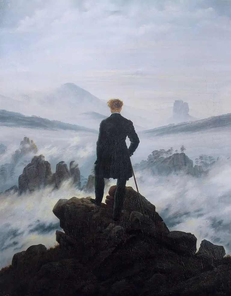Painting of a man overlooking a misty landscape