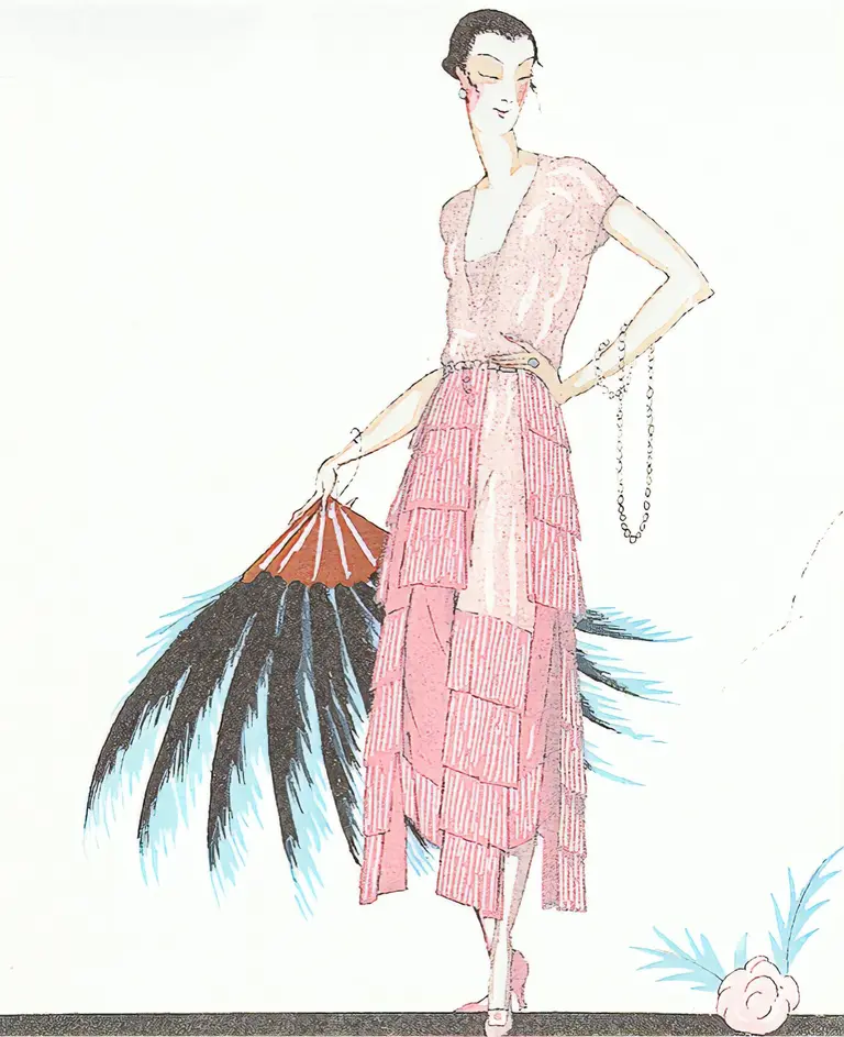 Fashion illustration of a woman in a pink tiered dress, holding a handbag with feathery blue and black accents in the background.