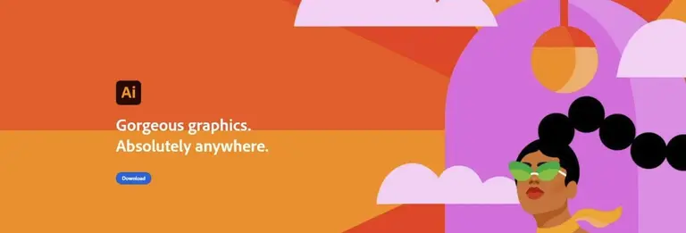 Adobe Illustrator promotional banner with vibrant graphics and a call to action for download.