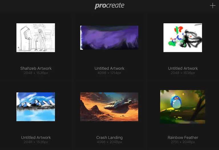 Digital artwork collection in Procreate, including sketches, landscapes, and abstract pieces.