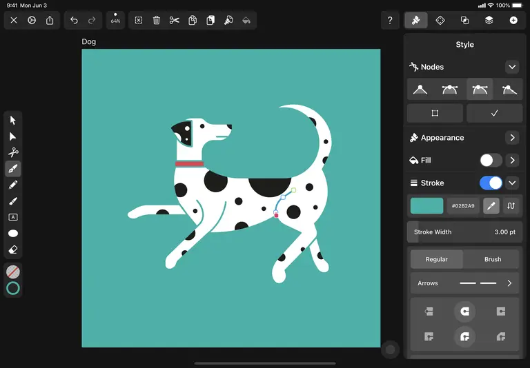 Screenshot of a Dalmatian dog illustration in the Vectornator app