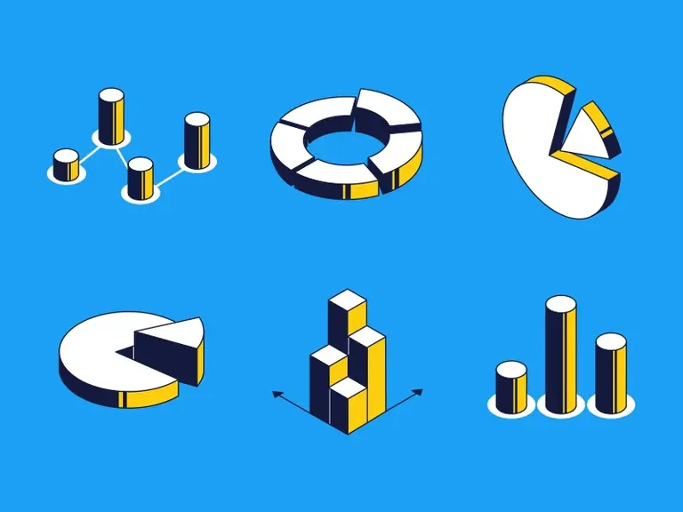 Isometric 3D business charts on a blue background.