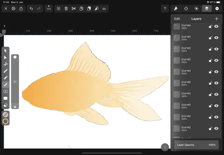add fin rays with brush tool with vac