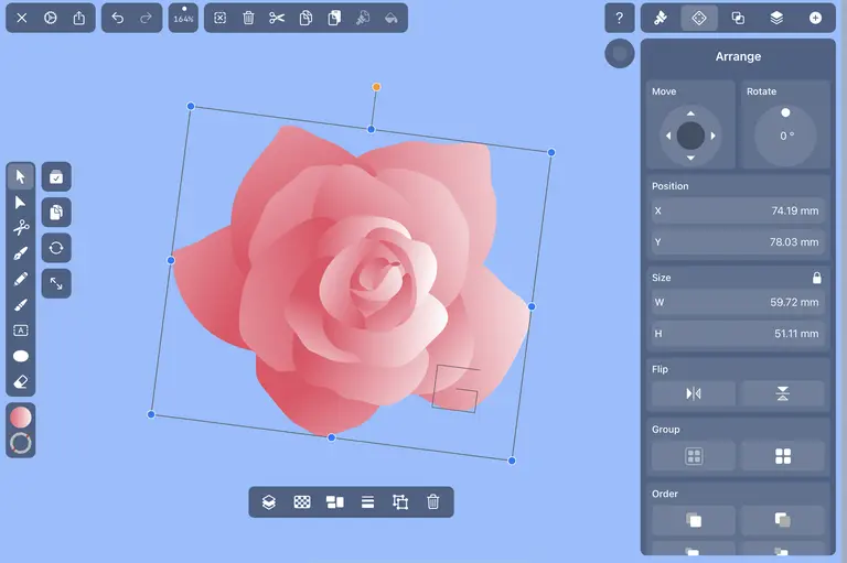  Graphic design interface showing a selected pink rose illustration