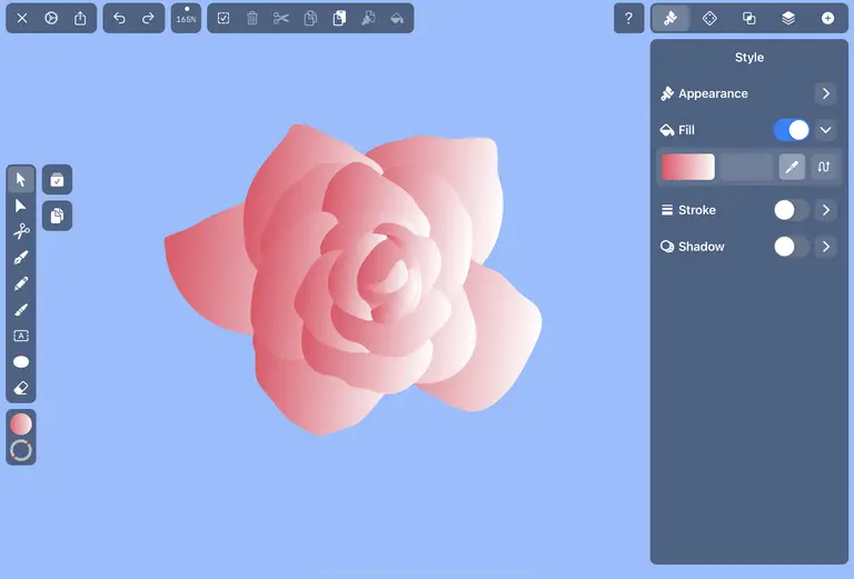 Digital drawing of a pink rose with graphic design tools visible
