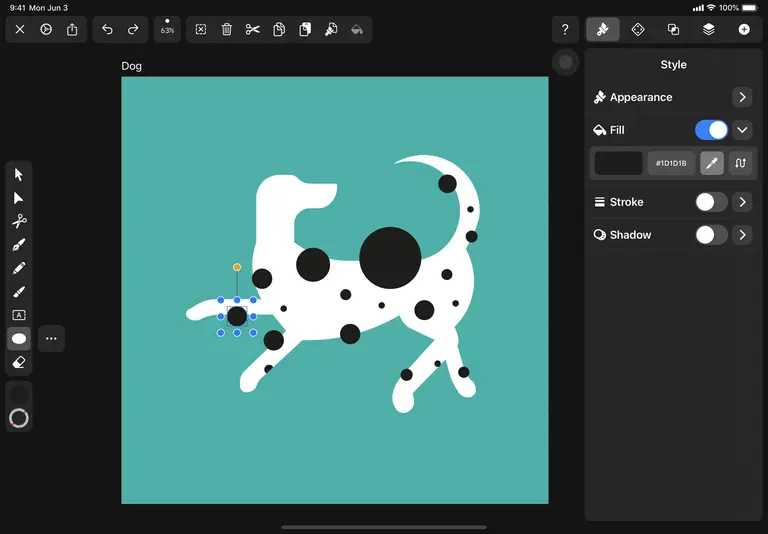 Drawing Dalmatian spots using the Shape Tool in Vectornator 