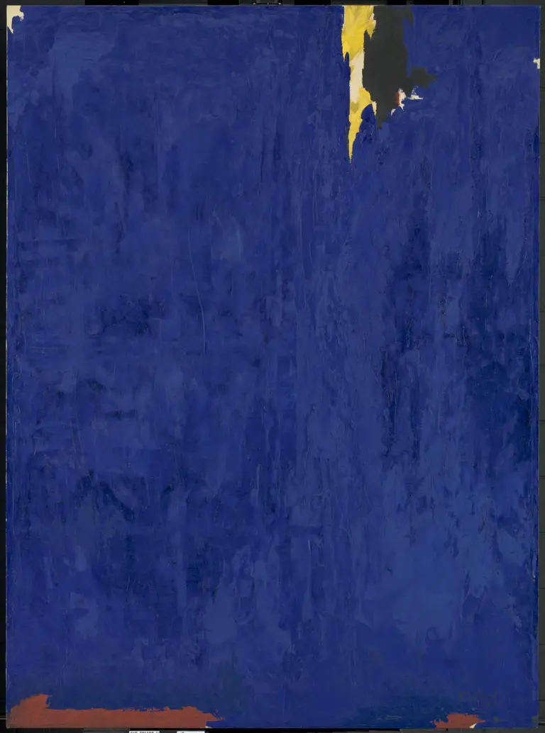 Abstract painting with a dominant blue field