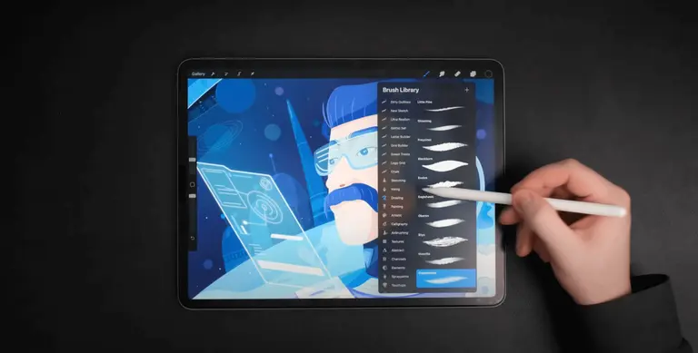 Hand with stylus selecting from a brush library on a digital drawing tablet